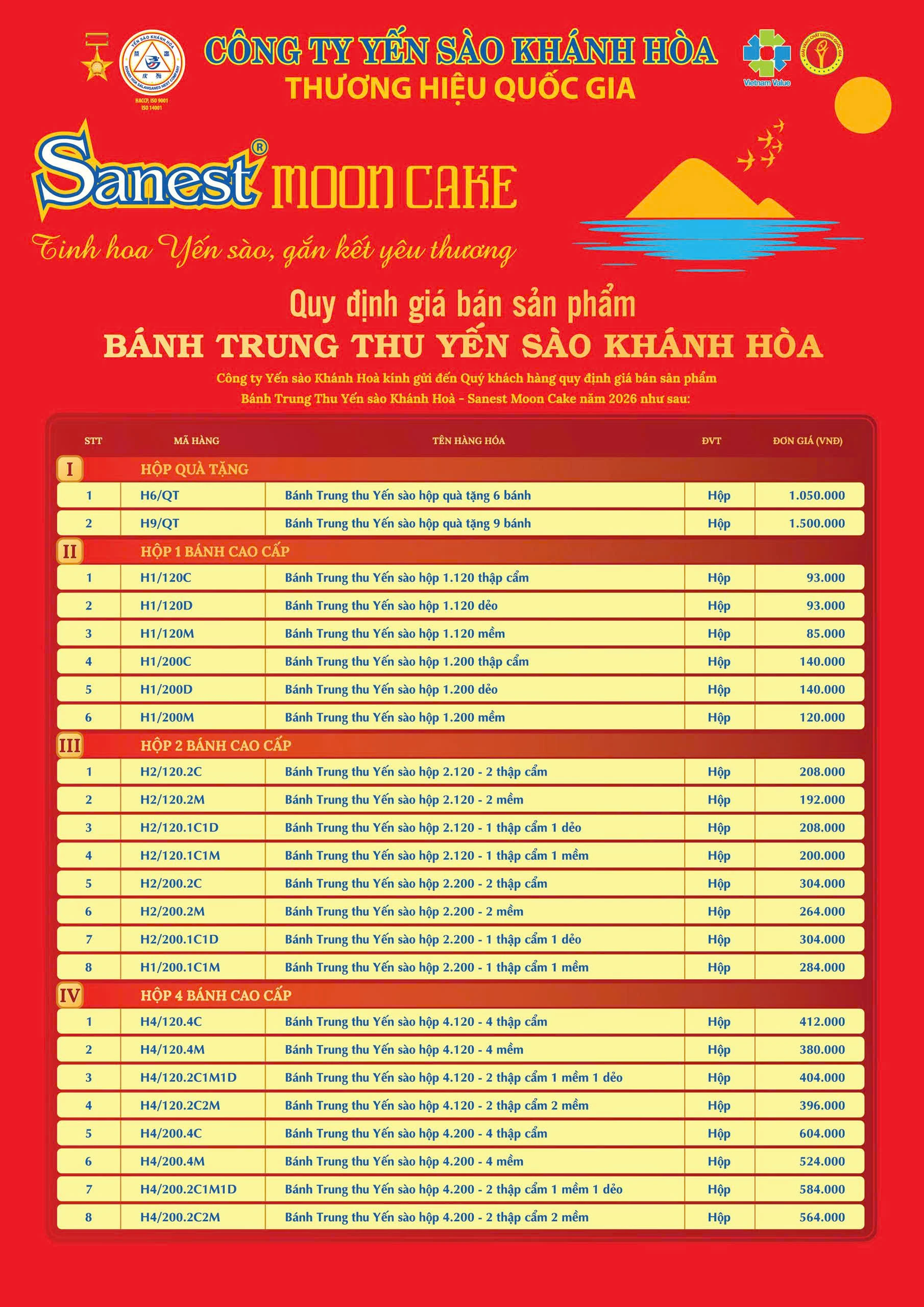 Bảng giá và hộp quà Yến Sào Khánh Hòa 2026 trang 1